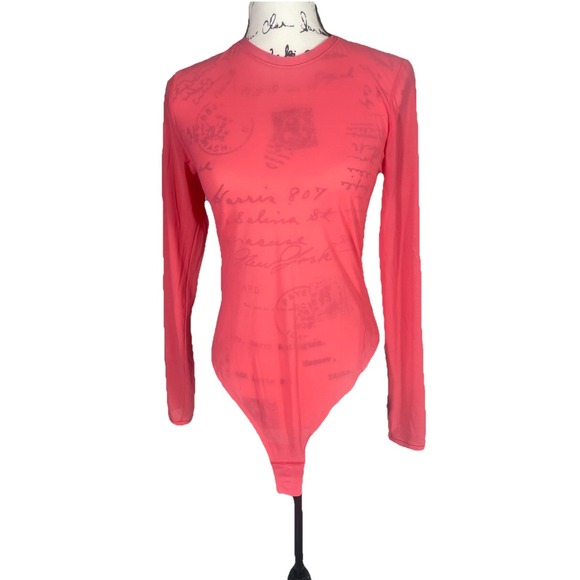 Lululemon‎ Sheer Pink Mesh Long Sleeve Bodysuit Size Large Snap Bottom - Picture 1 of 6